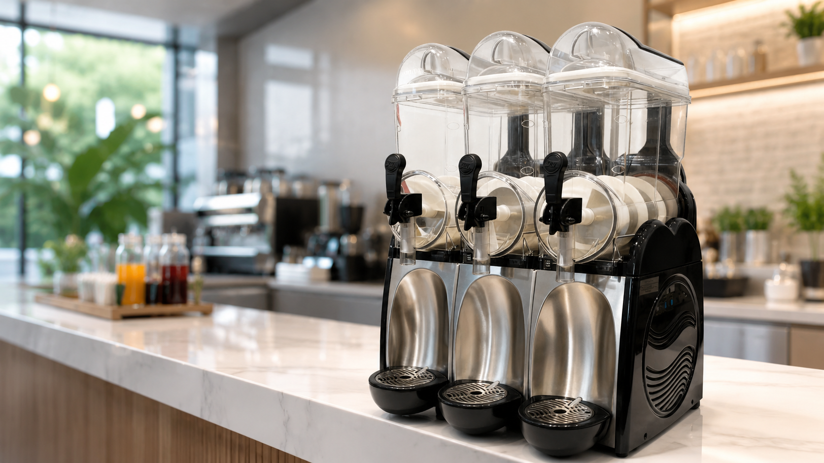 Three transparent-hopper commercial slush machine stands on a café counter, showing stainless steel panels, black dispensing handles, drip trays, and a bright service area behind it.