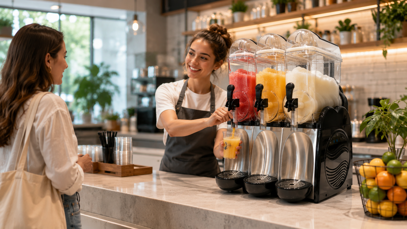 Café employee serves a yellow frozen drink from a three-hopper commercial slush machine while a customer waits beside colorful fruit-flavored frozen beverages on display for customers.