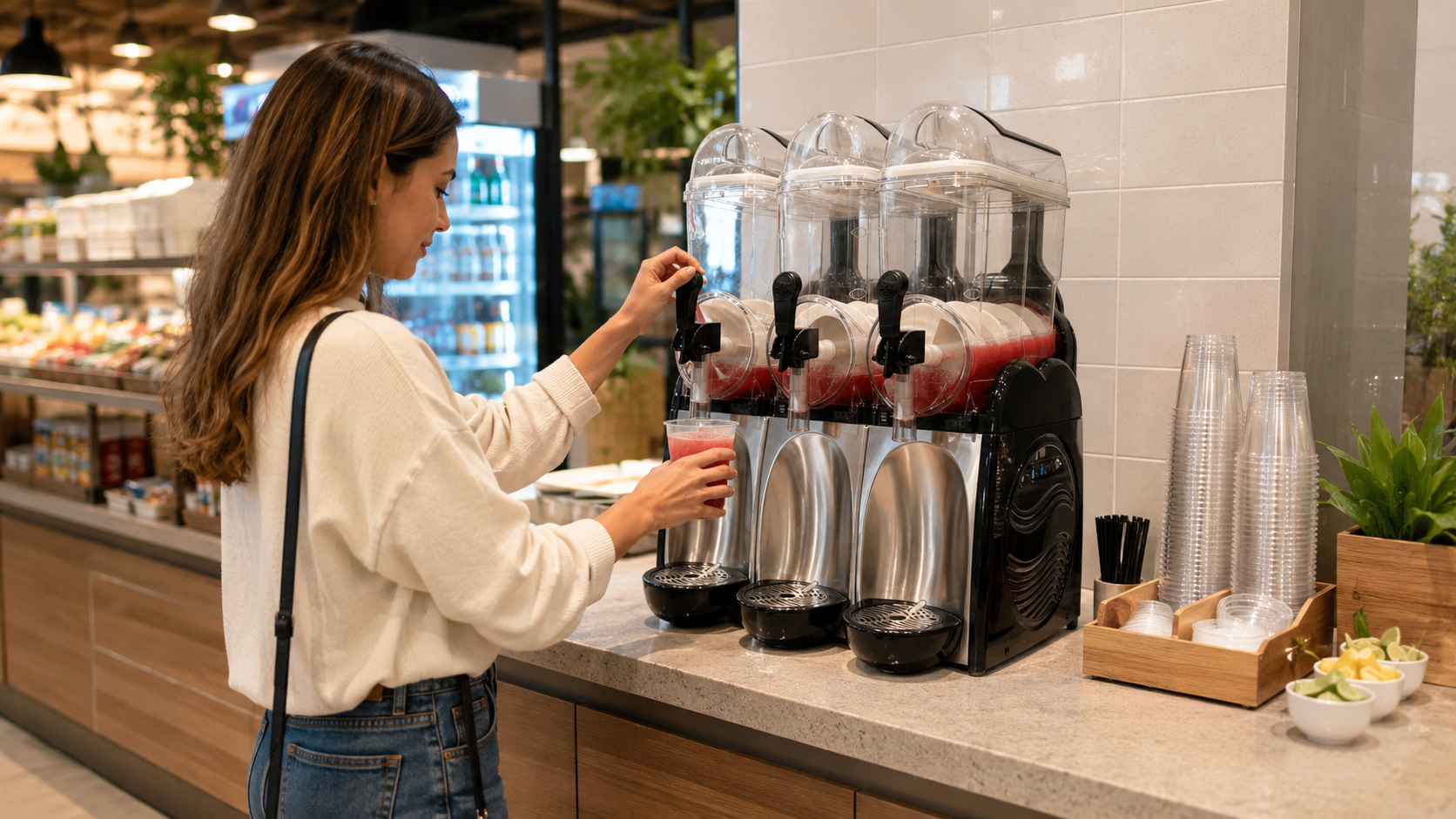 Customer fills a cup with red frozen slush from a three-hopper commercial machine in a convenience-store setting beside stacked cups and fresh lime wedges.