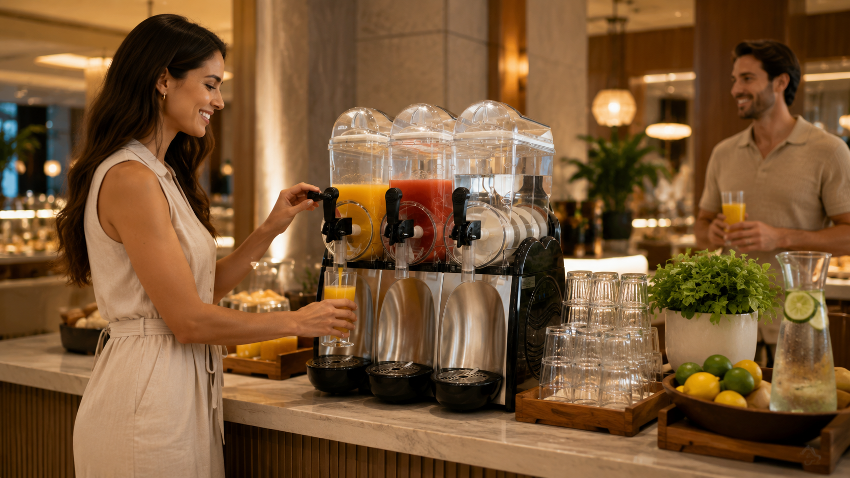 Woman dispenses a yellow frozen drink from a three-hopper commercial slush machine at a hotel bar, with glasses, citrus fruit, and another guest nearby.