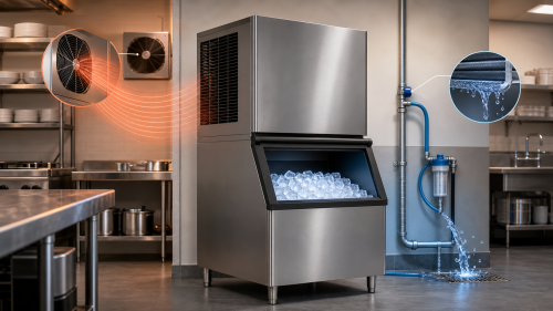 Air-cooled and water-cooled commercial ice machine systems compared in a commercial kitchen