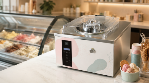Countertop ice cream machine sits on a dessert shop counter beside waffle cones and cups, with colorful gelato flavors displayed in the background behind it.
