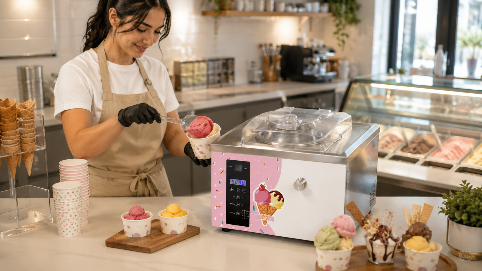 Are Ice Cream Vending Machines Profitable? Cost & Payback 3 Shop worker scooping pink ice cream into a paper cup beside a countertop ice cream machine with cones, cups and toppings arranged nearby