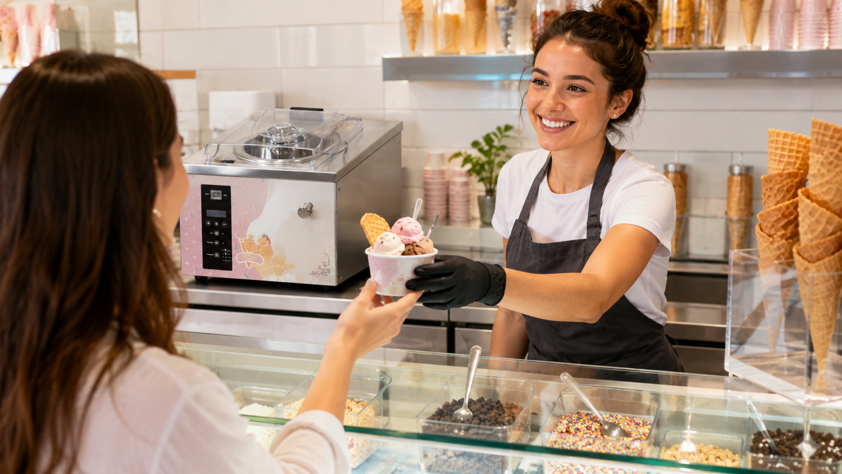 Smiling shop employee hands a loaded gelato cup to a customer across a toppings counter, with cones and a countertop machine behind them during service.