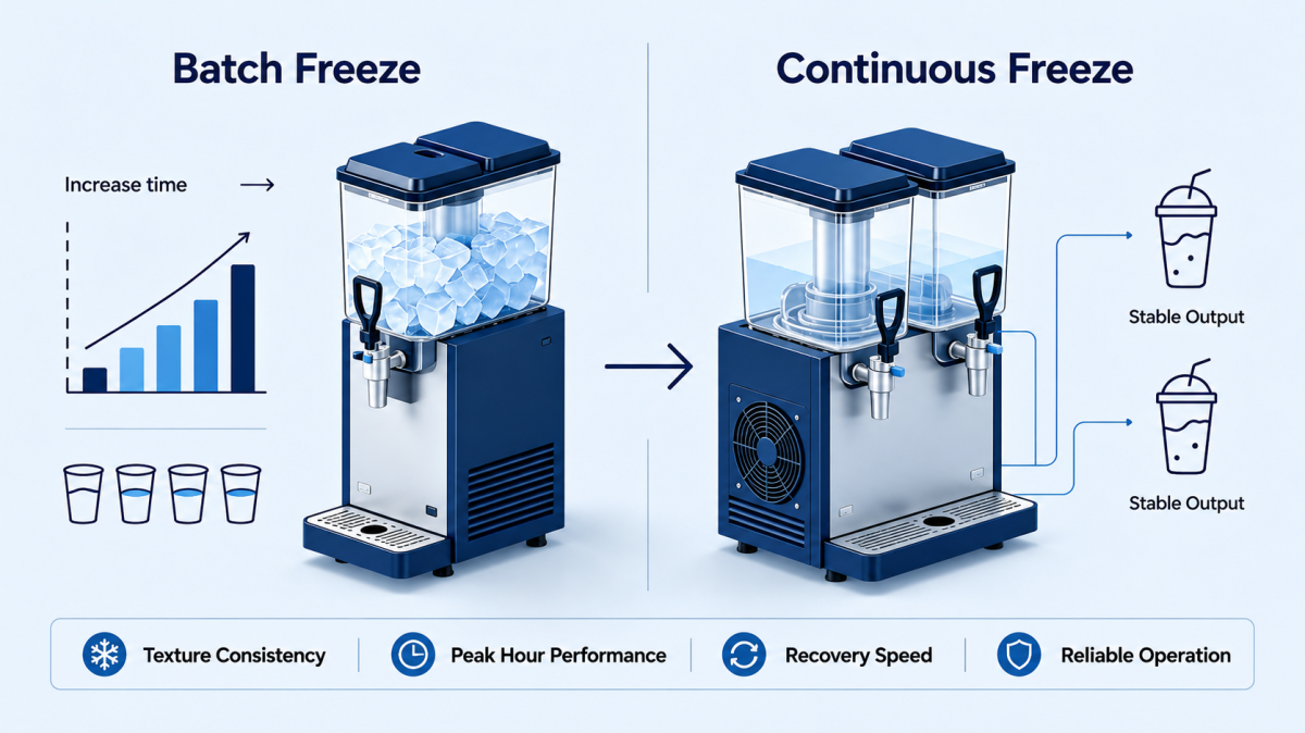Commercial slush machine capacity comparison showing 6L, 10–12L, and 15L+ tank options, along with independent and shared compressor configurations.