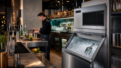 Commercial ice machine with full ice bin in a modern bar service area