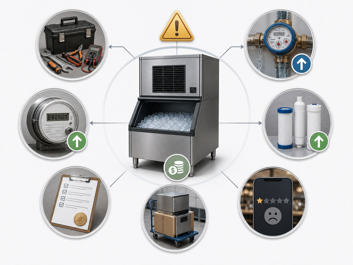 The Hidden Costs of Cheap Ice Machines Every Business Owner Should Know 2 Hidden costs of a cheap commercial ice machine including repairs, energy waste, water waste, downtime, health risks, and replacement