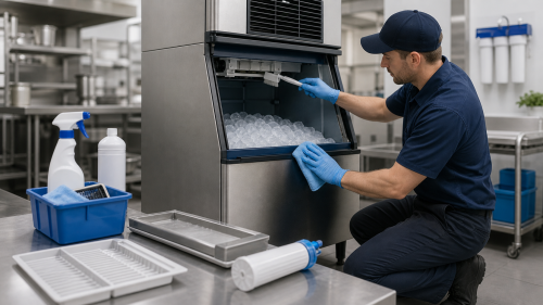 Technician cleaning and sanitizing a commercial ice machine in a restaurant kitchen