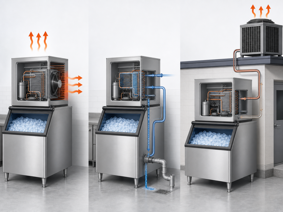 Air-Cooled vs. Water-Cooled Commercial Ice Machine: Which Saves More Money? 2 Diagram-style comparison of air-cooled, water-cooled, and remote-cooled commercial ice machine heat removal methods