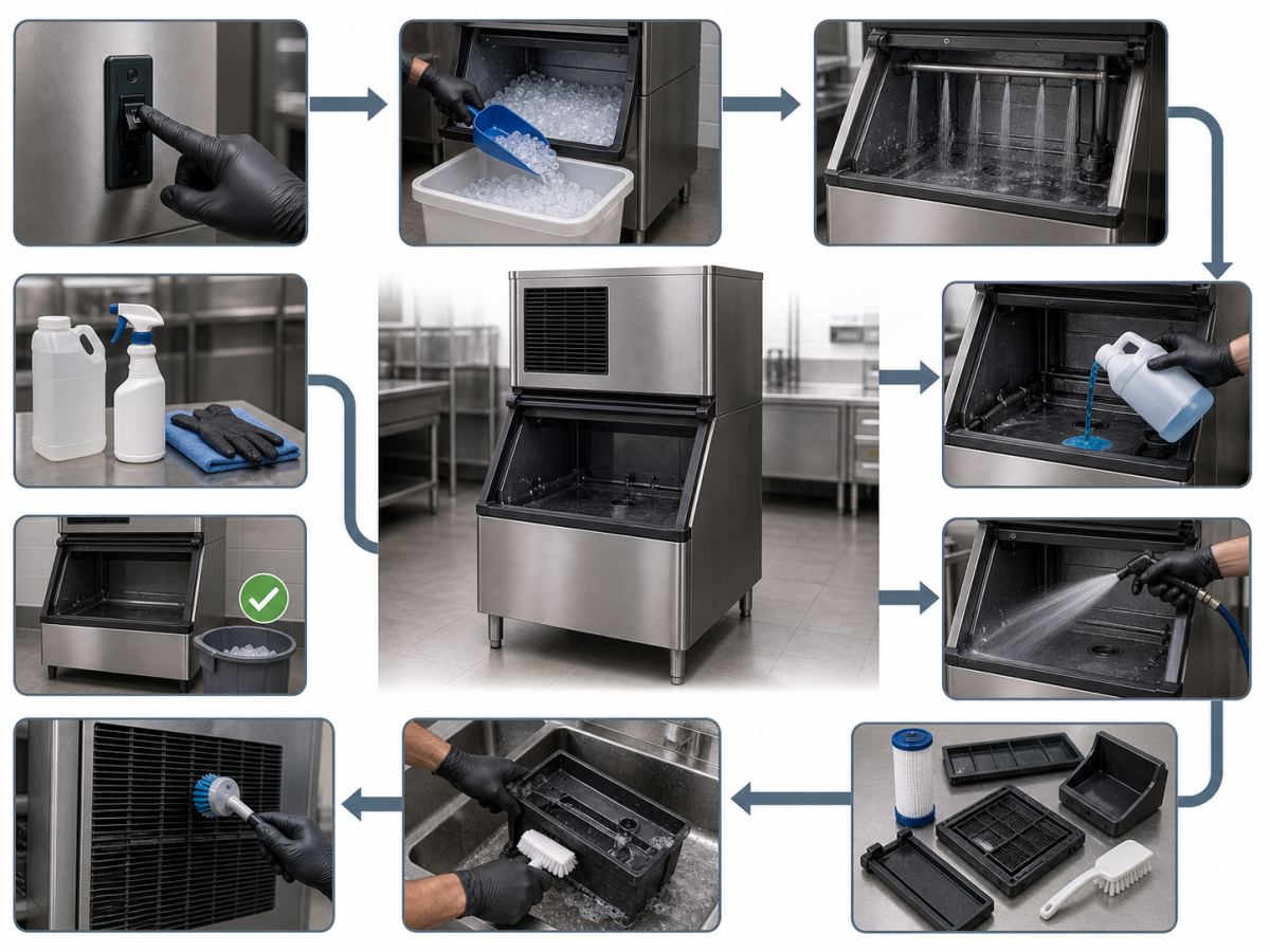 How to Prevent Mold in Commercial Ice Machines 3 Step-by-step commercial ice machine deep cleaning process with emptying, wash cycle, sanitizer, removable parts, condenser cleaning, and restart