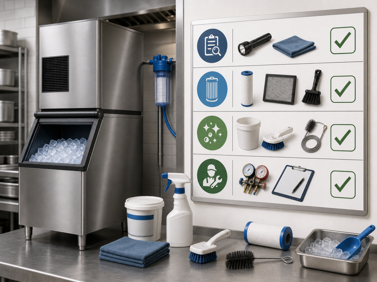 What Are the Hidden Costs of Poor Ice Machine Maintenance? 3 Commercial ice machine maintenance checklist with filters, cleaning tools, sanitizer, and inspection items
