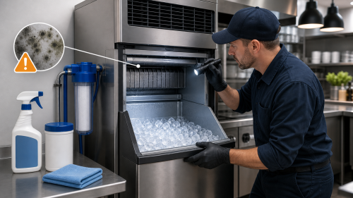 Technician inspecting a commercial ice machine for mold prevention and sanitation