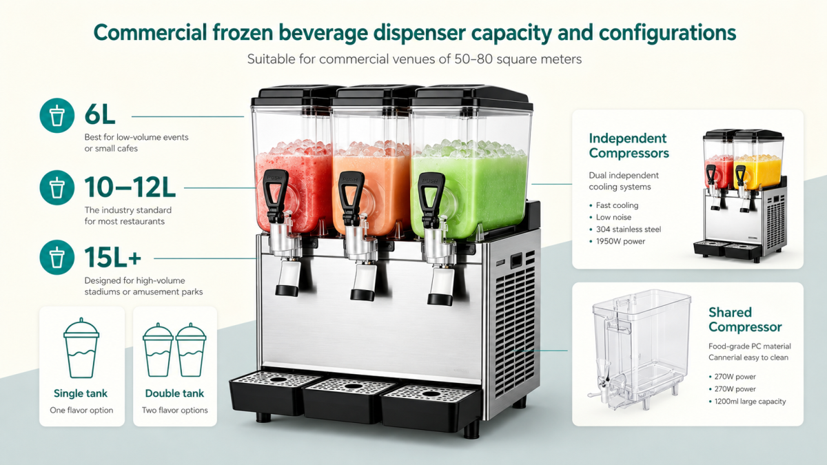 Infographic of commercial frozen beverage dispenser configurations featuring three-tank capacity options, independent compressors, and shared compressor components for different business needs.
