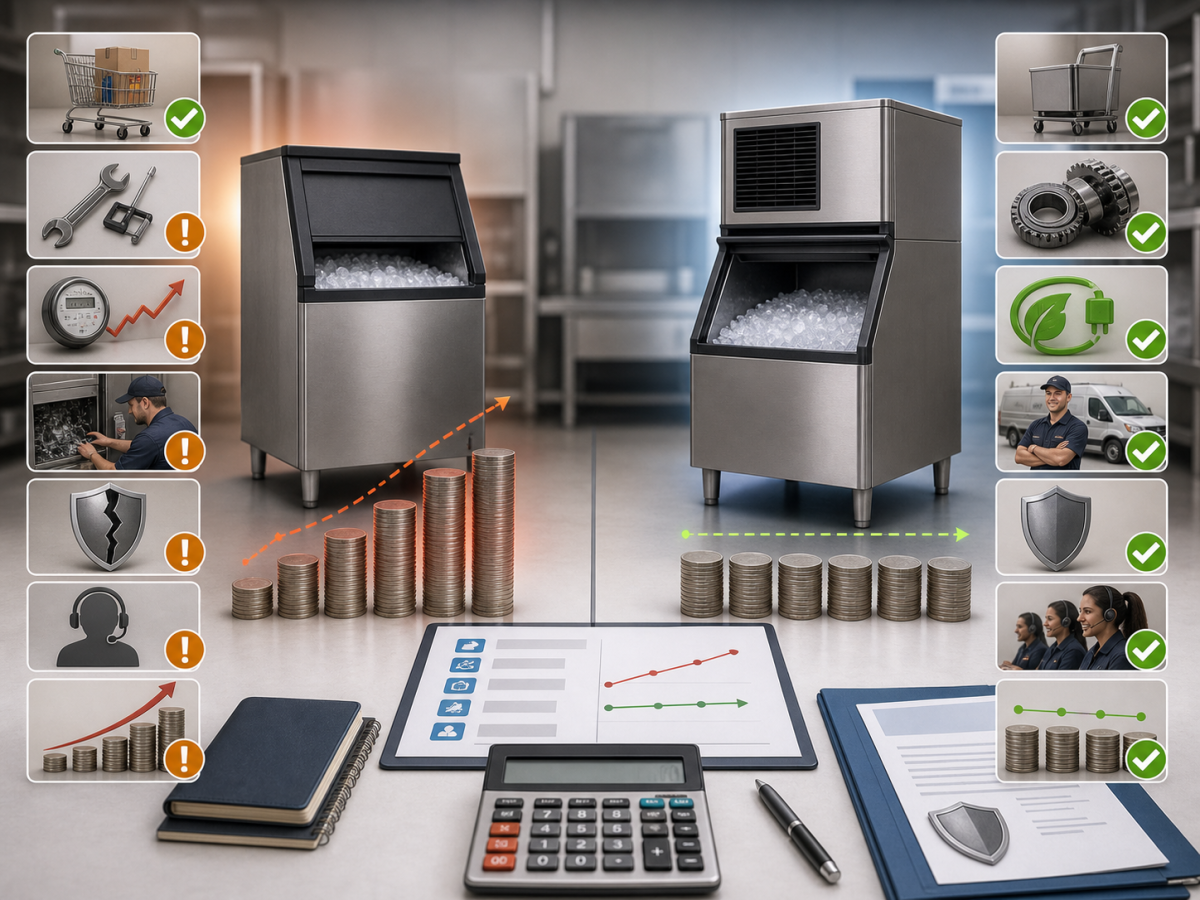 The Hidden Costs of Cheap Ice Machines Every Business Owner Should Know 3 Five-year total cost comparison of cheap versus quality commercial ice machines with maintenance, energy, warranty, and service factors