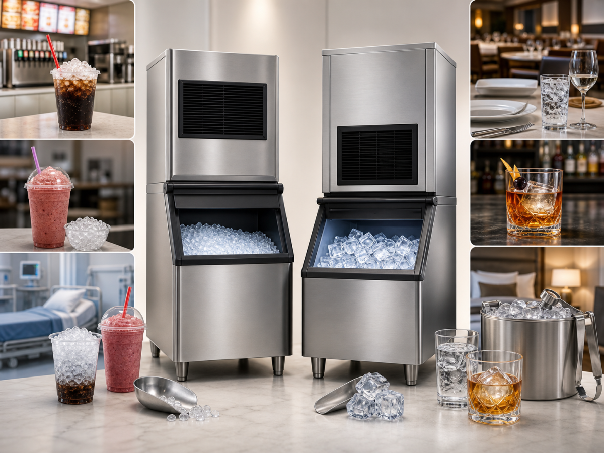 Nugget Ice vs Cube Ice: Which Is Better for Your Business? 3 Commercial nugget ice and cube ice machines matched to restaurant, bar, hotel, healthcare, and beverage use cases
