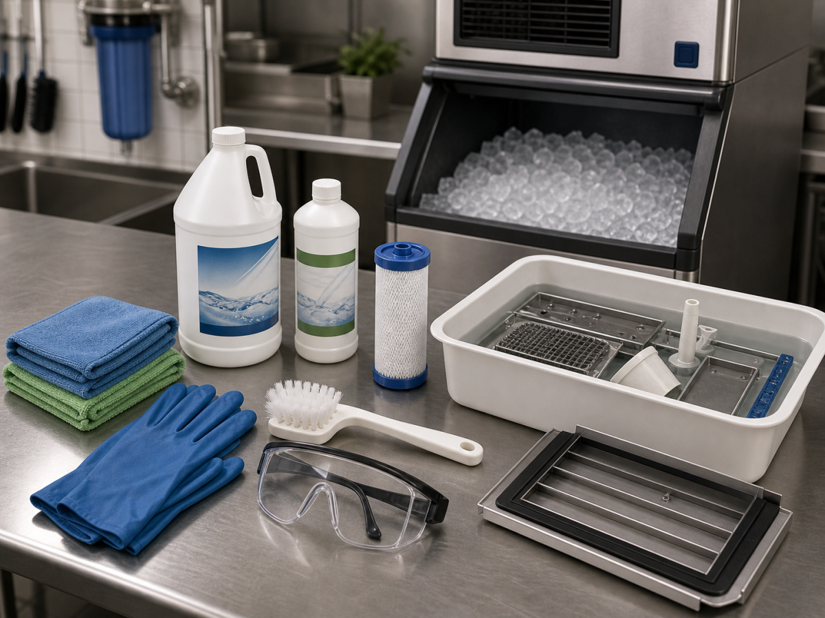 How to Clean a Commercial Ice Machine Step by Step (2026 Guide) 2 Commercial ice machine cleaning supplies including approved cleaner, sanitizer, brush, cloths, gloves, goggles, and water filter