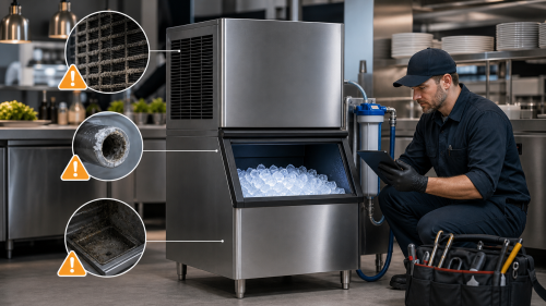 Technician inspecting a commercial ice machine for maintenance problems in a restaurant kitchen