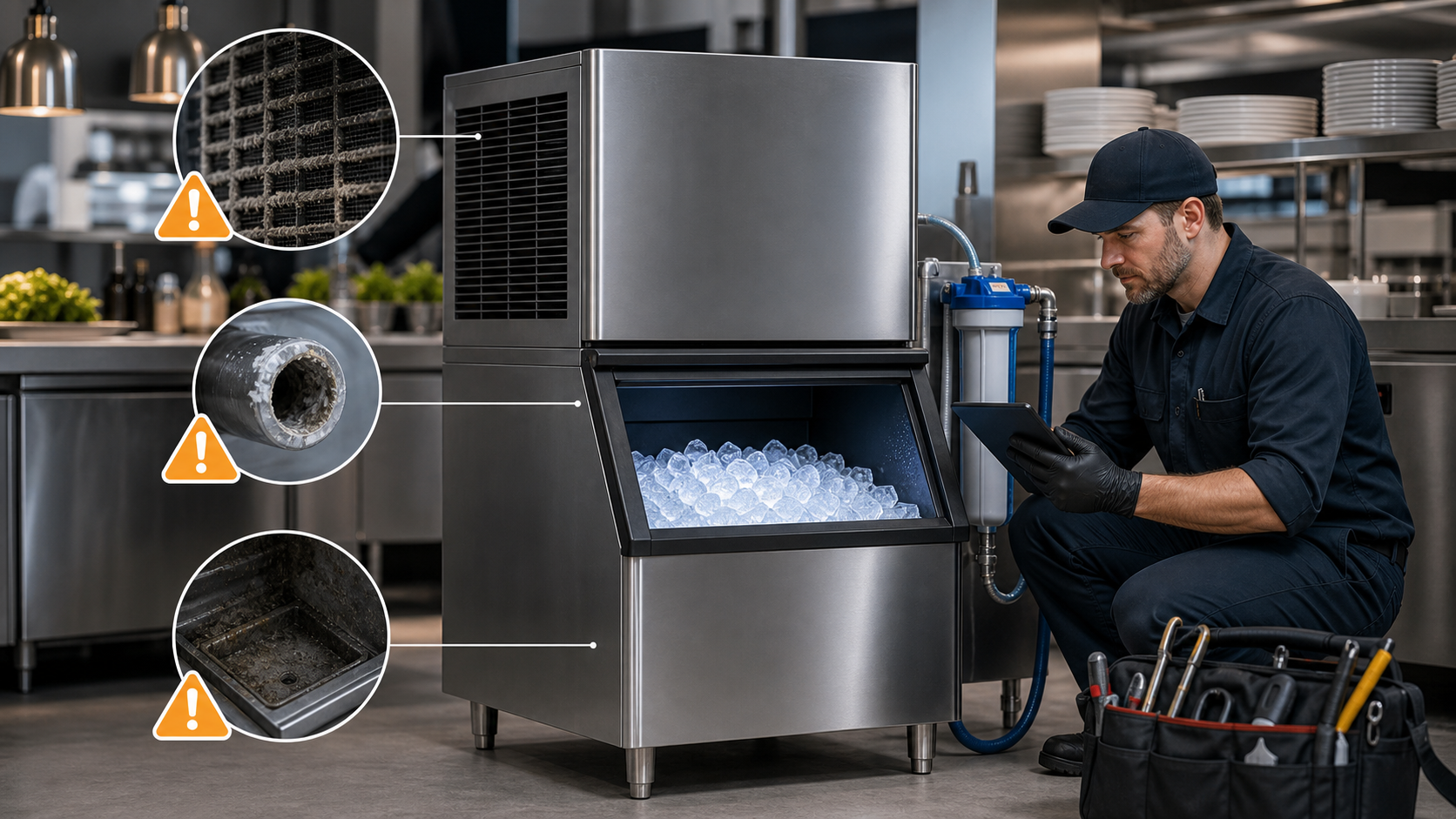 Technician inspecting a commercial ice machine for maintenance problems in a restaurant kitchen
