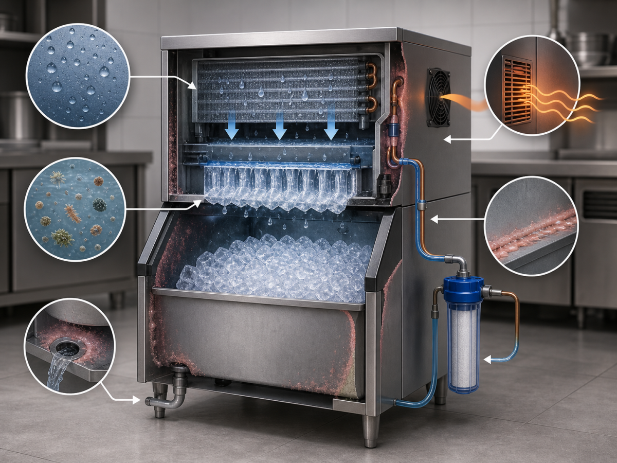How to Prevent Mold in Commercial Ice Machines 2 Cutaway view of a commercial ice machine showing moisture, poor ventilation, water filtration, drainage, and biofilm risk areas
