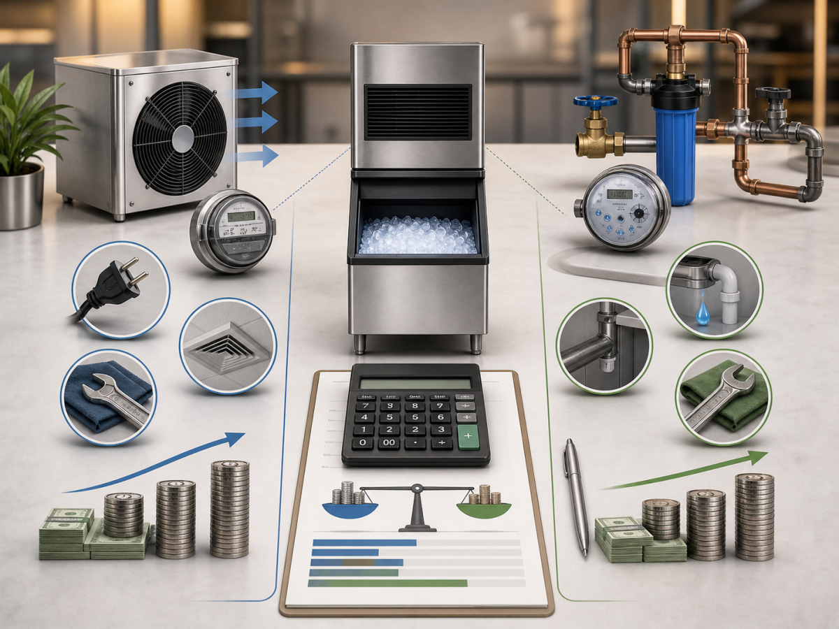 Air-Cooled vs. Water-Cooled Commercial Ice Machine: Which Saves More Money? 3 Operating cost factors for air-cooled versus water-cooled commercial ice machines including electricity, water, ventilation, and maintenance