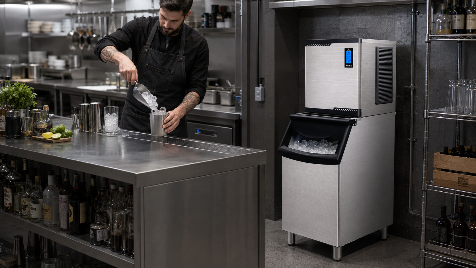 Bartender pouring ice from a scoop into a shaker tin next to an ice-making head on a storage bin in a back-bar prep area