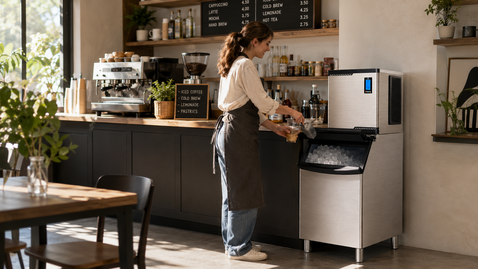 Café worker scooping ice from a stainless ice-making head mounted on a storage bin beside the espresso counter