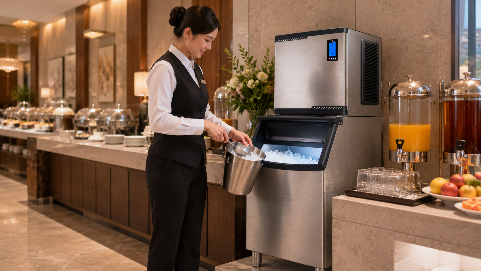 Hotel attendant filling a stainless ice bucket from an ice-making head on a storage bin beside a breakfast juice station