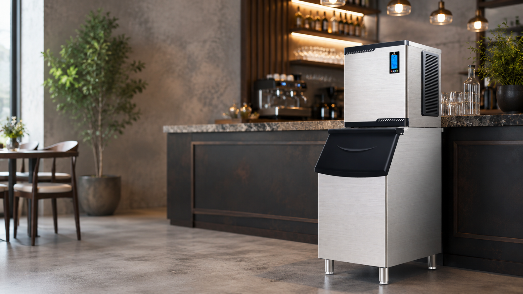 Stainless modular ice machine with a separate head and storage bin stands beside a bar counter in a modern cafe with plants and glassware nearby.