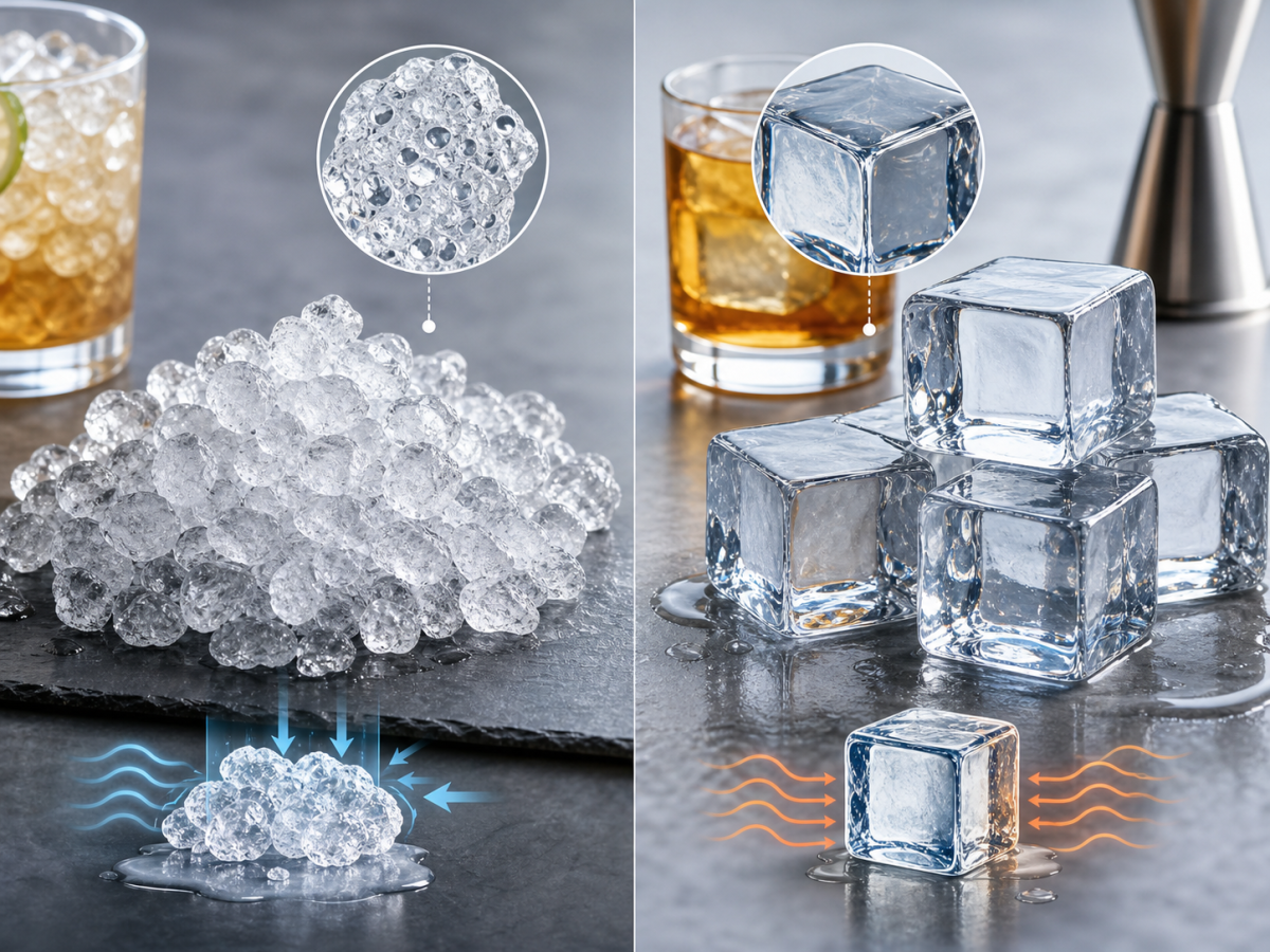 Nugget Ice vs Cube Ice: Which Is Better for Your Business? 2 Close-up comparison of porous nugget ice and dense cube ice showing melt and texture differences