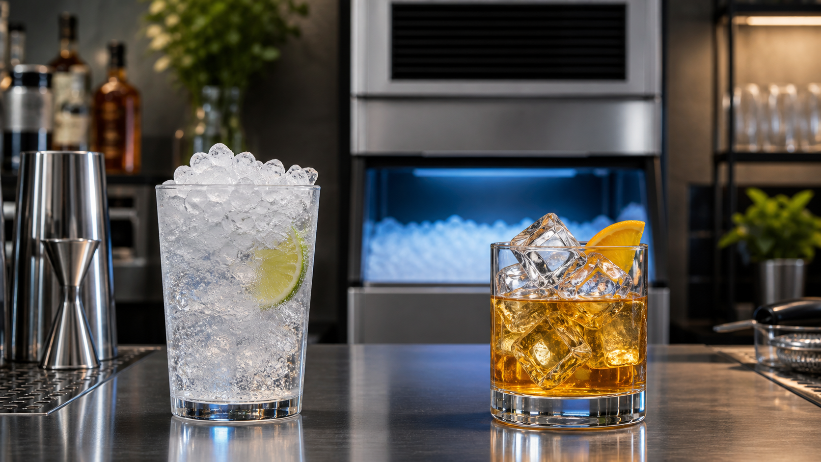 Nugget ice and cube ice compared in drinks beside a commercial ice machine