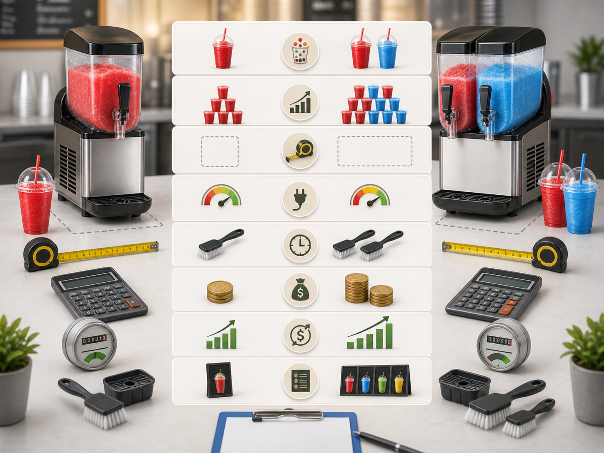 Double vs Triple Slush Machine: How Many Tanks Do You Need? 3 Side-by-side infographic comparing single-tank and double-tank slush machines on flavors, output, counter space, power use, cleaning, cost, revenue and menu display