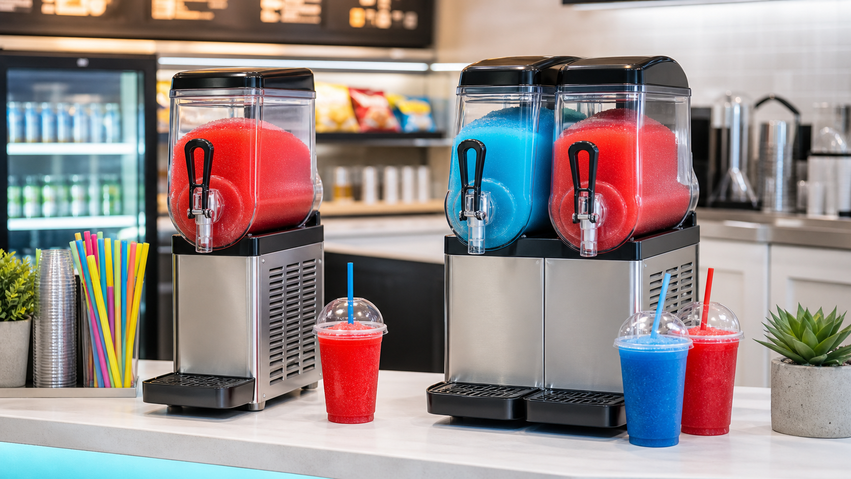 Single hopper and double hopper commercial slush machines compared on a cafe beverage counter