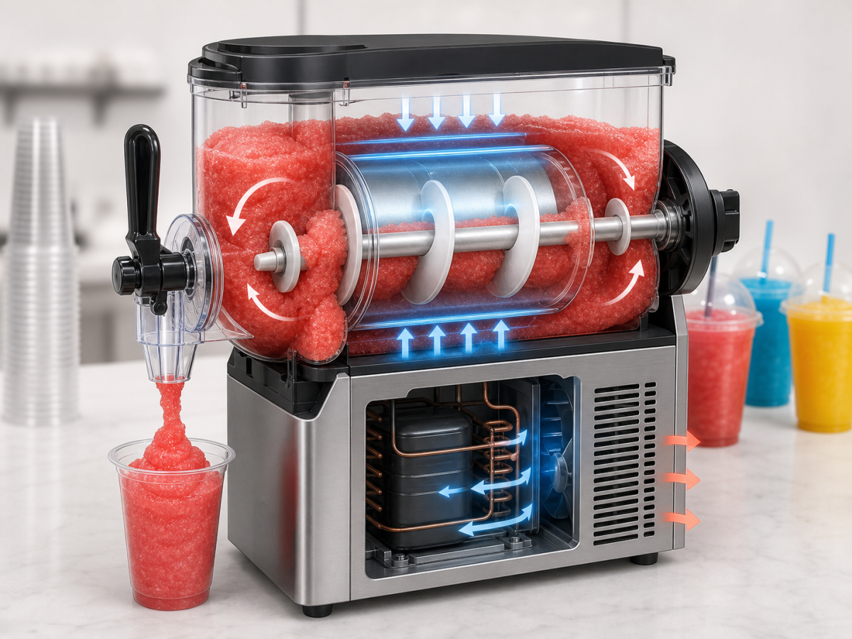Double vs Triple Slush Machine: How Many Tanks Do You Need? 2 Cutaway illustration of a single-tank slush machine showing the refrigerated freezing cylinder, auger, dispensing valve and compressor compartment
