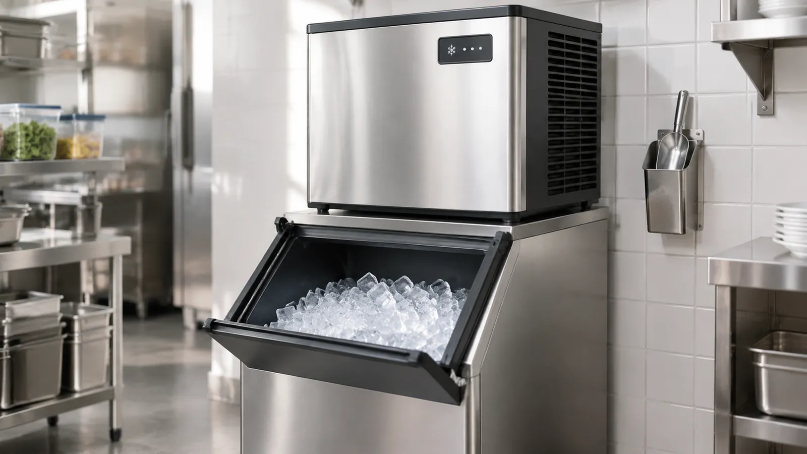 Stainless steel cube ice machine head on a storage bin in a restaurant back-of-house, bin door open to clear square ice, with a scoop in a wall-mounted holder
