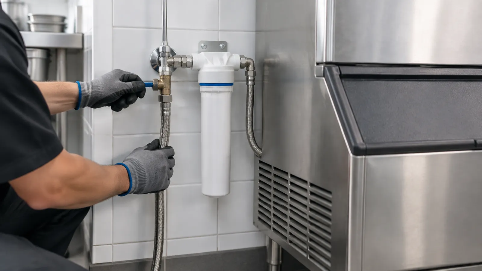 Gloved hands adjusting a shutoff valve on a braided stainless water supply line beside a wall-mounted water filter behind a stainless steel ice machine