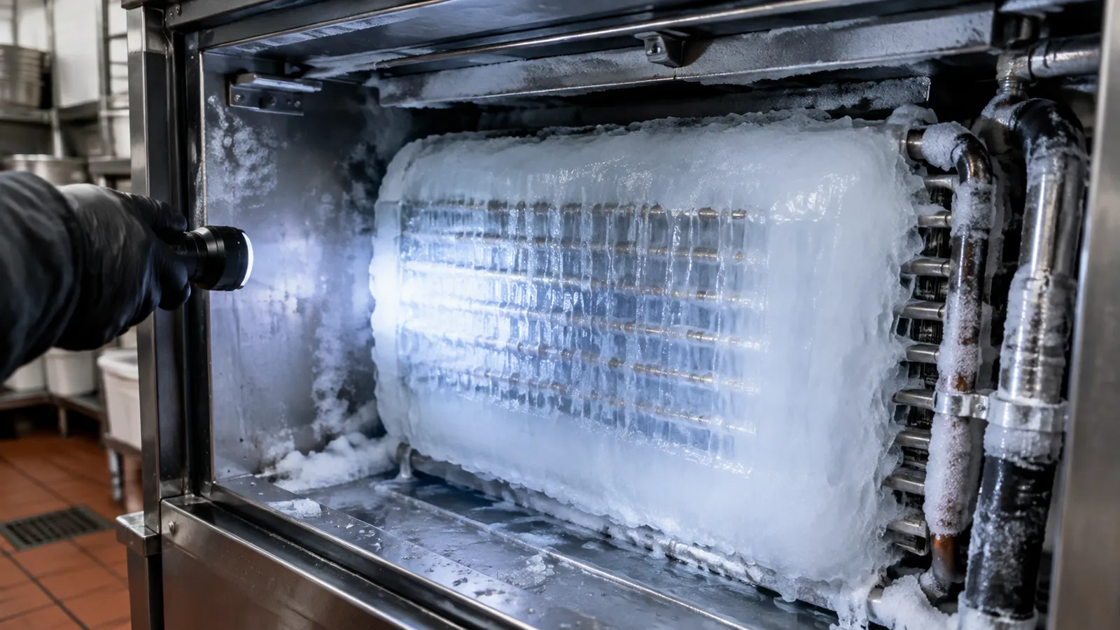 Gloved hand shining a flashlight on a solid slab of ice frozen over the evaporator inside an open commercial ice machine, with frost on the surrounding lines