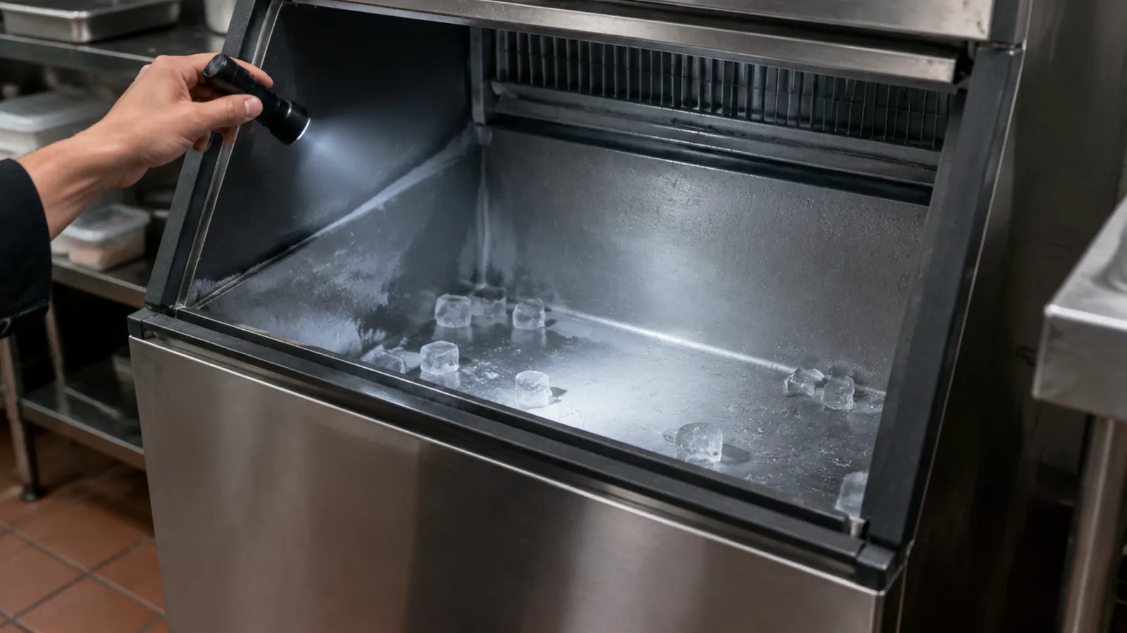 Hand shining a flashlight into a nearly empty stainless steel ice storage bin with a few scattered cubes