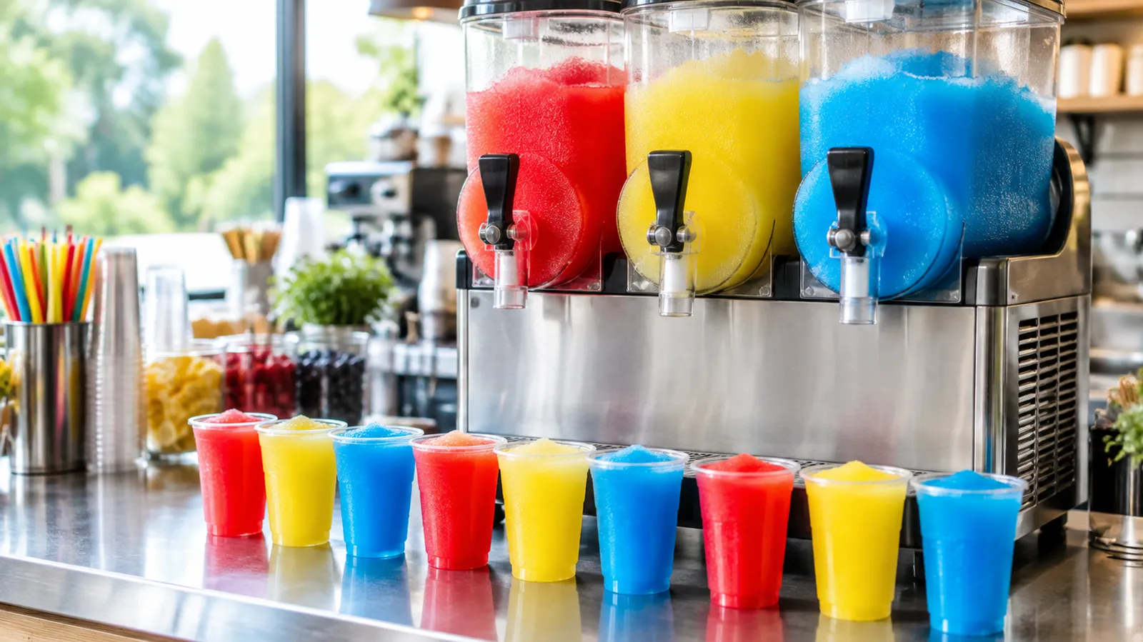 Three-bowl countertop slush machine with red, yellow and blue frozen drinks on a café counter, with a row of filled cups in front
