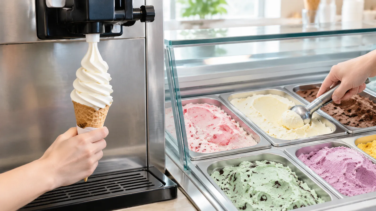 Hand holding a waffle cone under a stainless soft serve spout next to a glass dipping cabinet where another hand scoops vanilla hard ice cream from rectangular tubs of several flavors