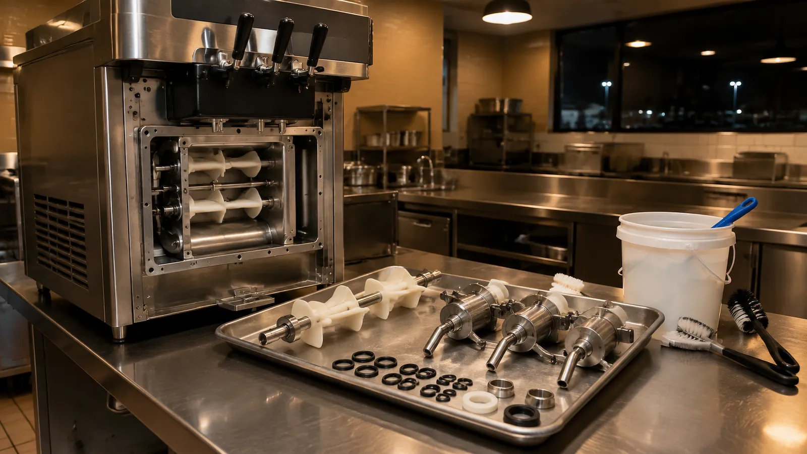 Stainless steel three-handle soft serve machine opened for cleaning at night, with beaters, draw valves and black O-rings laid out on a stainless tray beside a sanitizer bucket and brushes