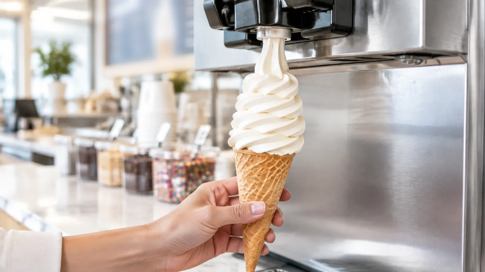 Hand holding a wafer cone under a stainless soft serve machine spout as a tall swirl of vanilla soft serve is dispensed, with a topping counter blurred behind