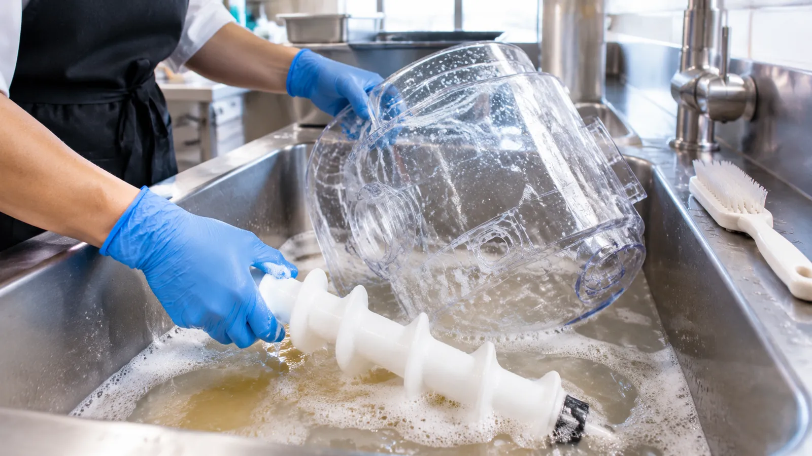 Gloved hands washing a clear frozen drink machine bowl and a white spiral auger in a stainless steel sink, with a soft nylon brush on the sink edge