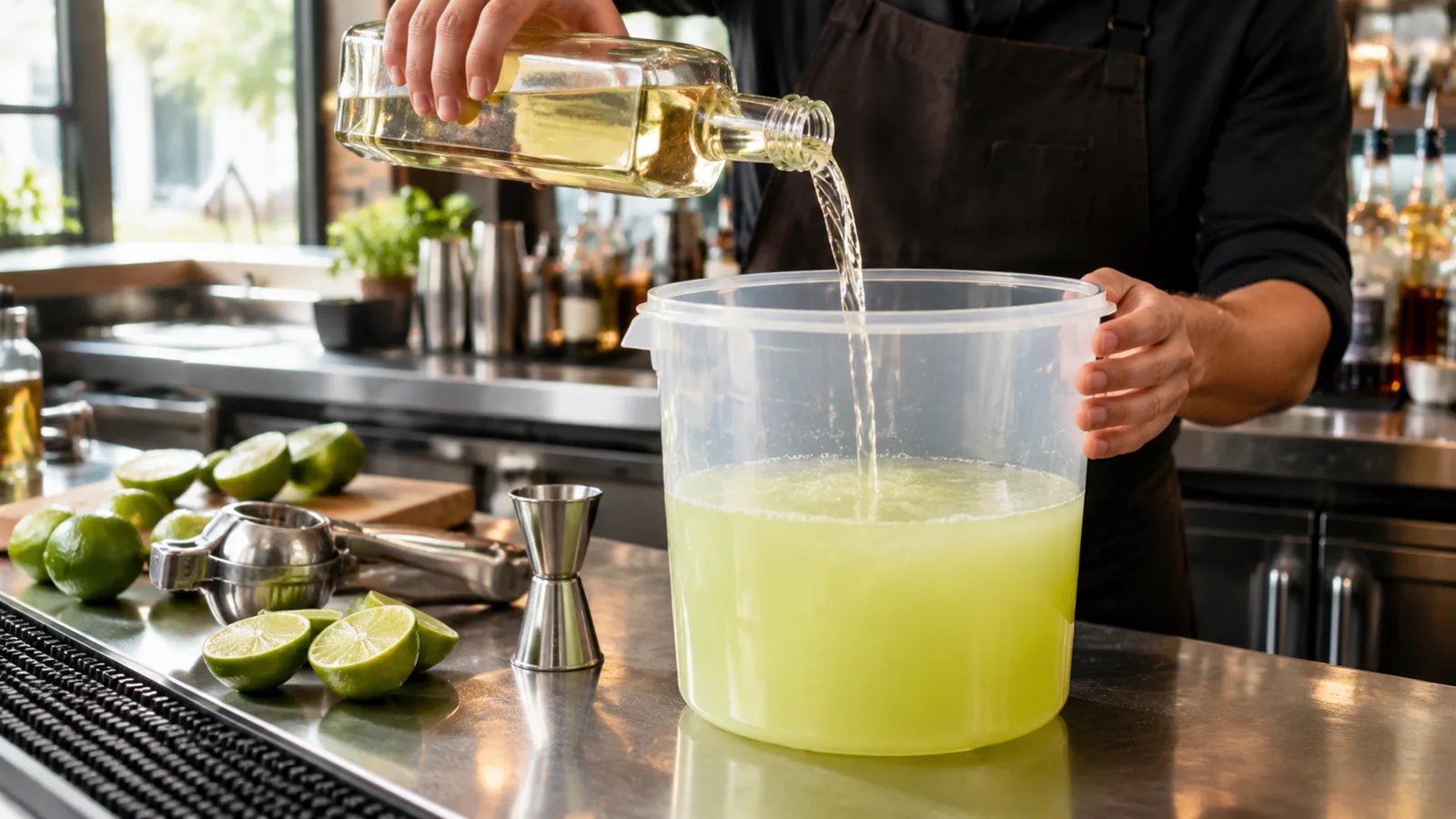 Bartender pouring tequila from an unlabeled bottle into a large clear batch container of pale green lime mix on a stainless bar counter, with halved limes, a citrus press and a jigger