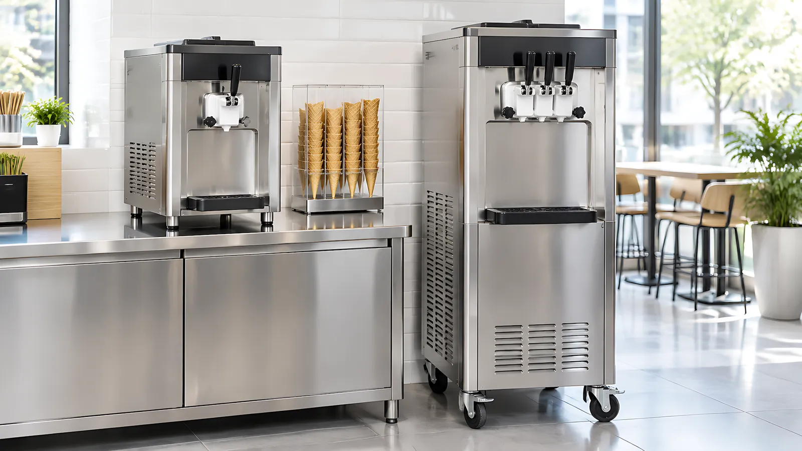 Compact single-handle soft serve machine on a stainless steel counter next to a tall three-handle floor-standing soft serve machine on caster wheels in a bright cafe