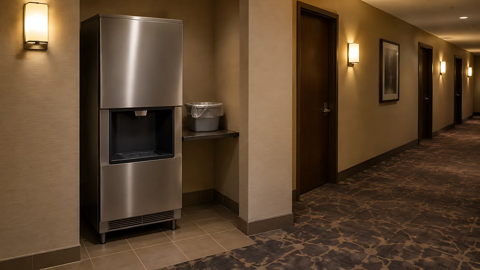 Stainless steel ice dispenser in a hotel corridor alcove with a lined ice bucket on a shelf beside it