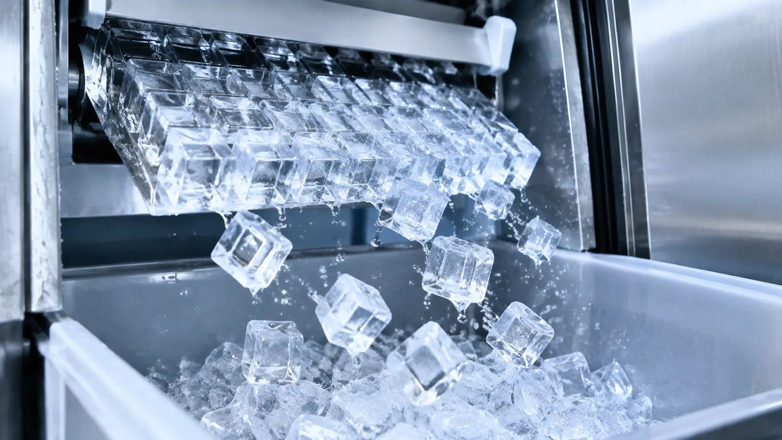 Clear square ice cubes releasing from an ice-making grid and dropping into a storage bin during harvest