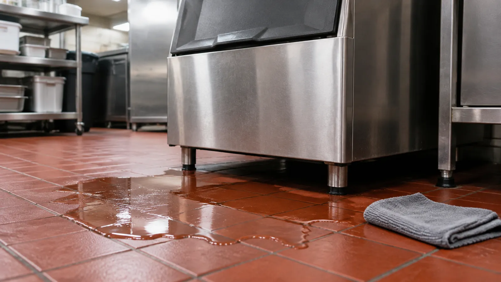 Puddle of water spreading across a red quarry tile floor beneath a stainless steel ice machine and bin, with a folded towel nearby