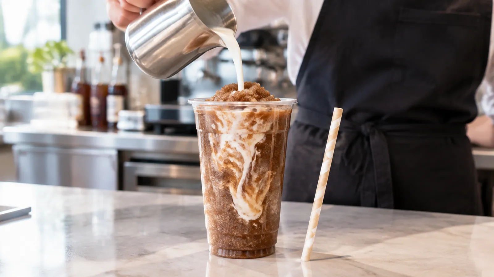 Barista pouring cold milk from a stainless steel pitcher into a clear cup of coffee slush, with white swirls running through the icy slush on a café counter