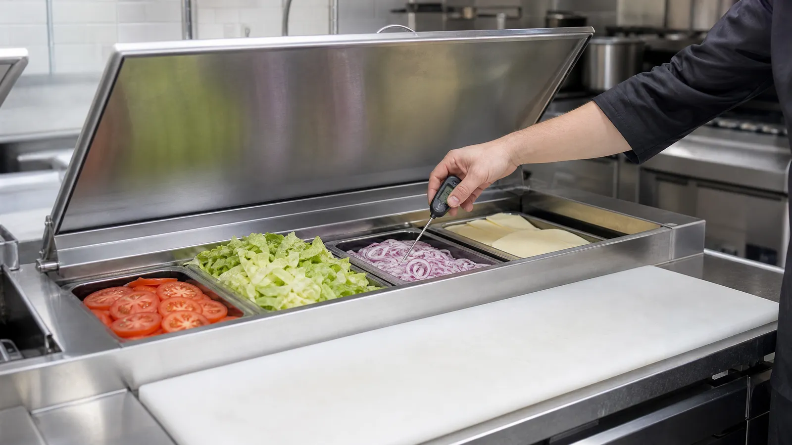Hand probing sliced onions with a thermometer on the open rail of a stainless steel refrigerated sandwich prep table