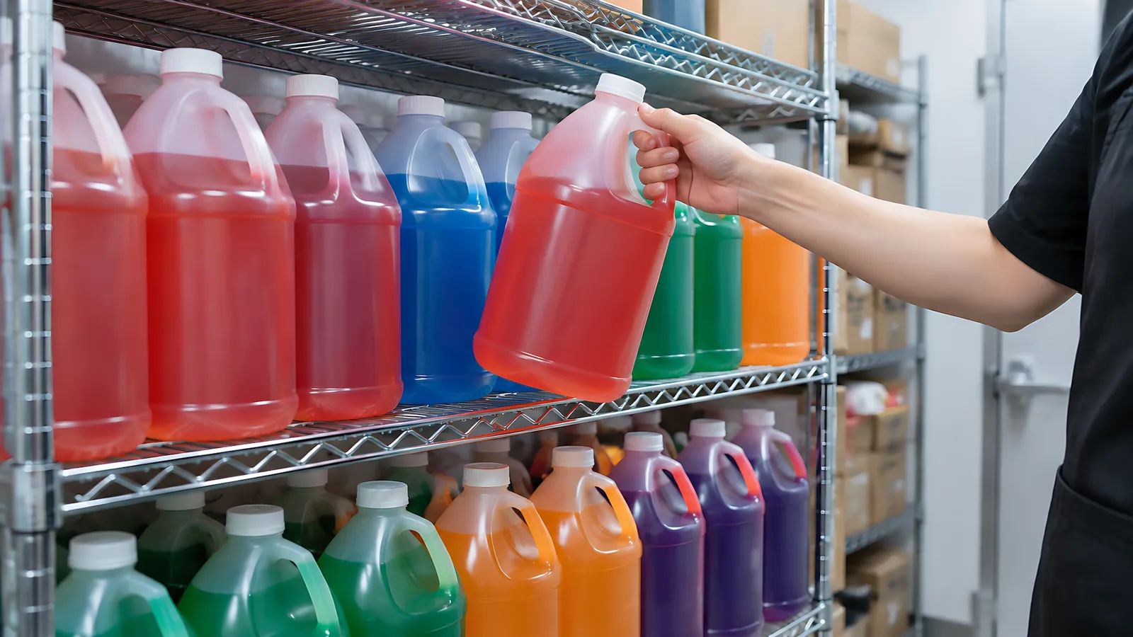Staff member lifting a red jug of slush syrup concentrate from a wire storage shelf stocked with unlabeled red, blue, green, orange and purple concentrate jugs